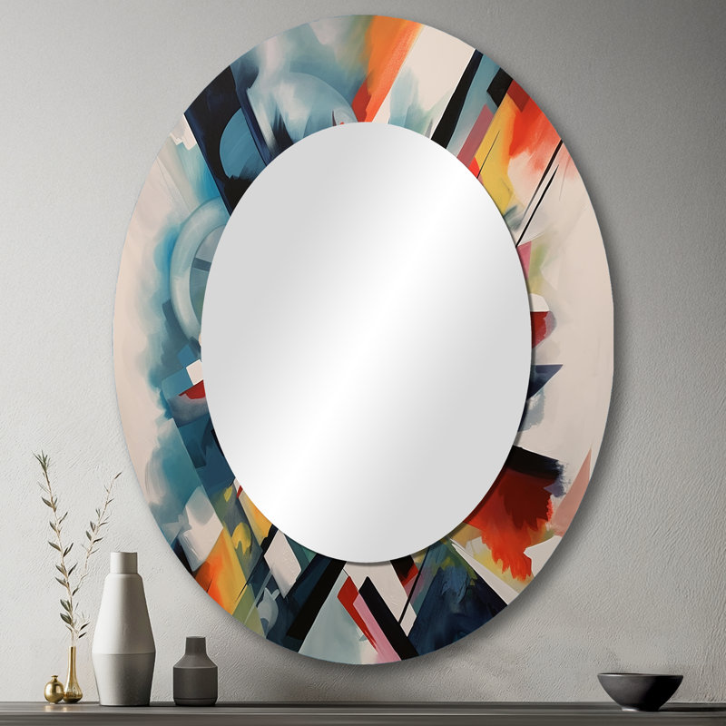 Blue Abstracted Fractals And Dimensions III - Abstract Oval Decorative Mirror On Metal, 43" x 33"