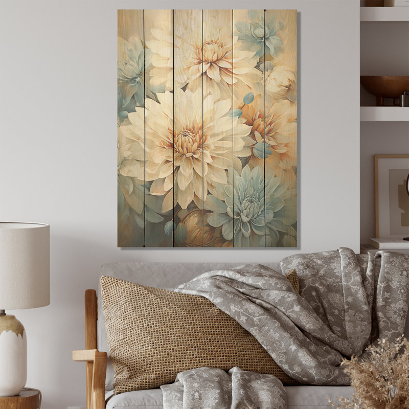 «Mums Blue and White Elegance I», art sur bois de pin naturel, H 32 po x l 24 po