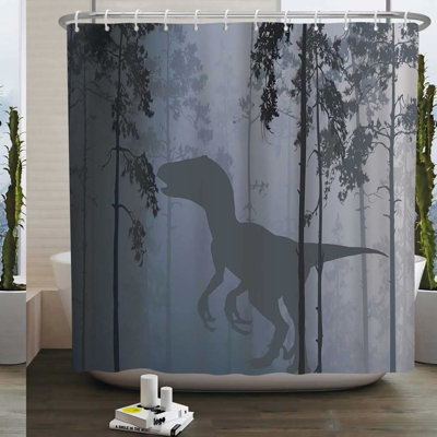 TyrannoShower: Grey Dinosaur Silhouette Curtain Set with Hooks - Fun & Novelty Bath Decor for Kids