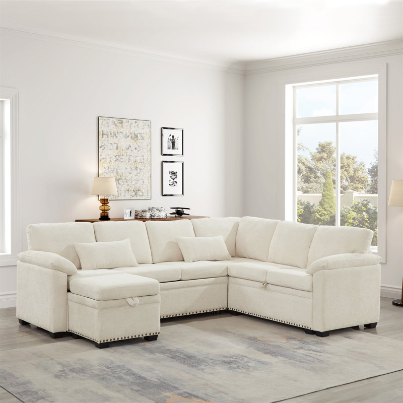 Canapé modulaire en L de 97 po avec siège et repose-pieds de rangement en L 97 po, Chenille beige