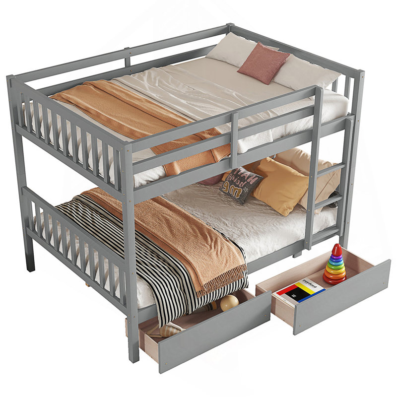 2 Drawers Solid Wood Standard Bunk Bed, Gray, Full Over Full