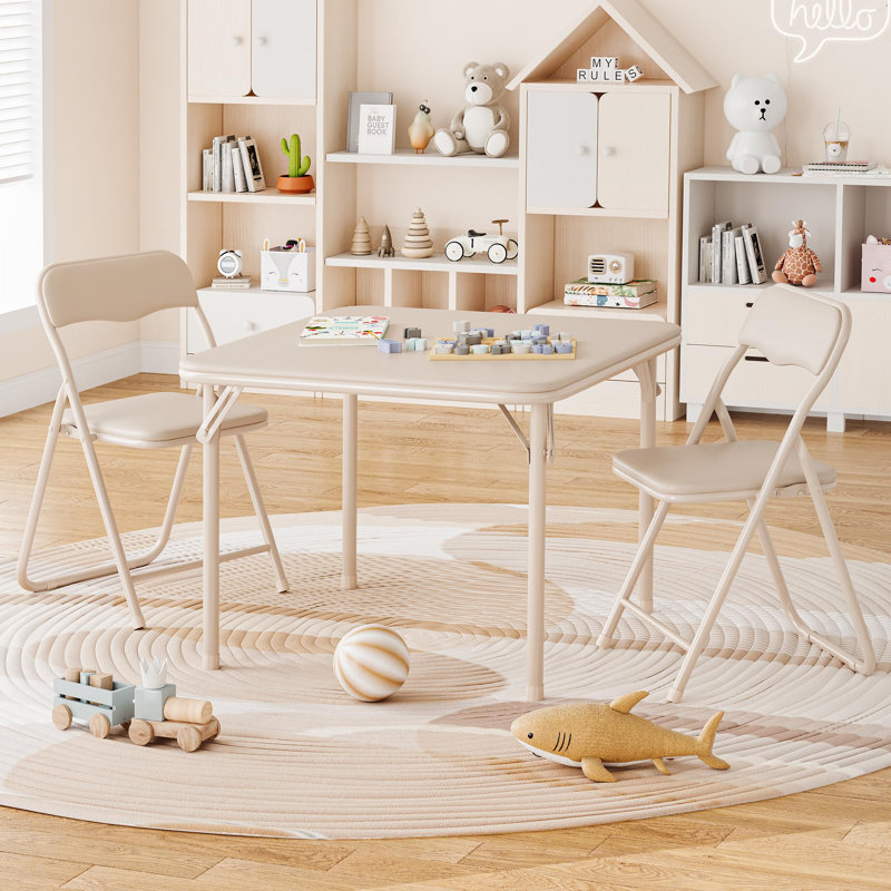 Folding Table And Chairs Set Of 3, Portable Table And Chair With Pu Soft Cushion,Suitable For Eating,Reading And Playing