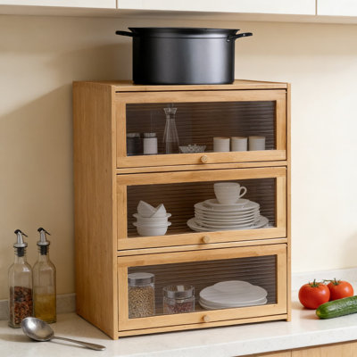 Armoire de cuisine à 3 niveaux en bambou avec portes rabattables, organisateur de garde-manger autoportant avec portes en acrylique et 4 tablettes pour les épices, les ustensiles et la verrerie