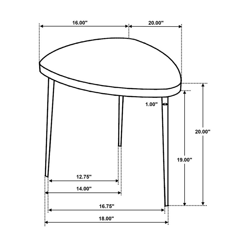 Table d'appoint triangulaire moderne en bois de manguier massif, fini noir profond, pattes évasées pour une meilleure stabilité.