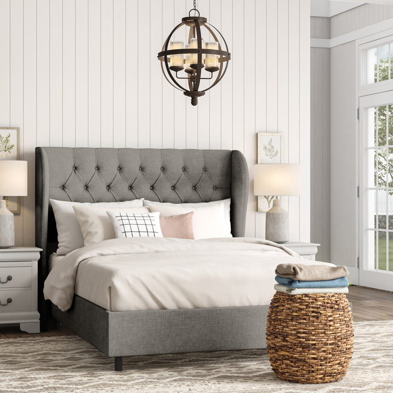 Tomey Upholstered Wingback Bed, Full, Classic Grey Linen