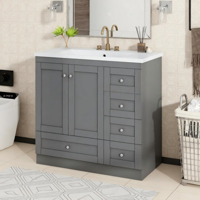 Armoire de meuble-lavabo autoportante de 36 po de style Shaker avec lavabo, 4 tiroirs à fermeture en douceur et 2 portes à fermeture en douceur