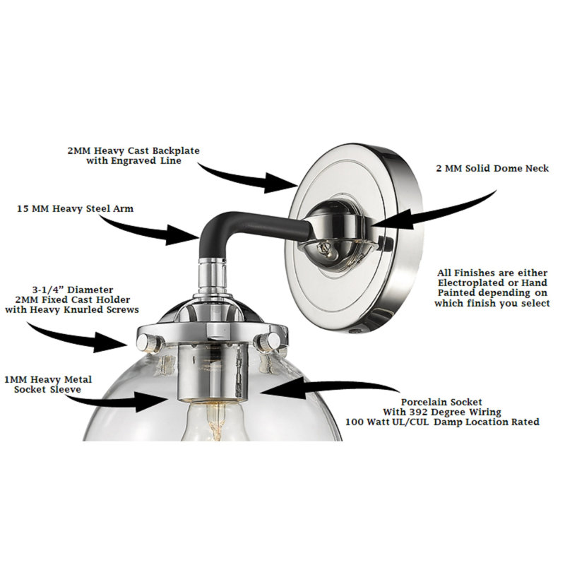Bridger Armed Sconce, Clear, Black/Polished Nickel, Bulb Not Included