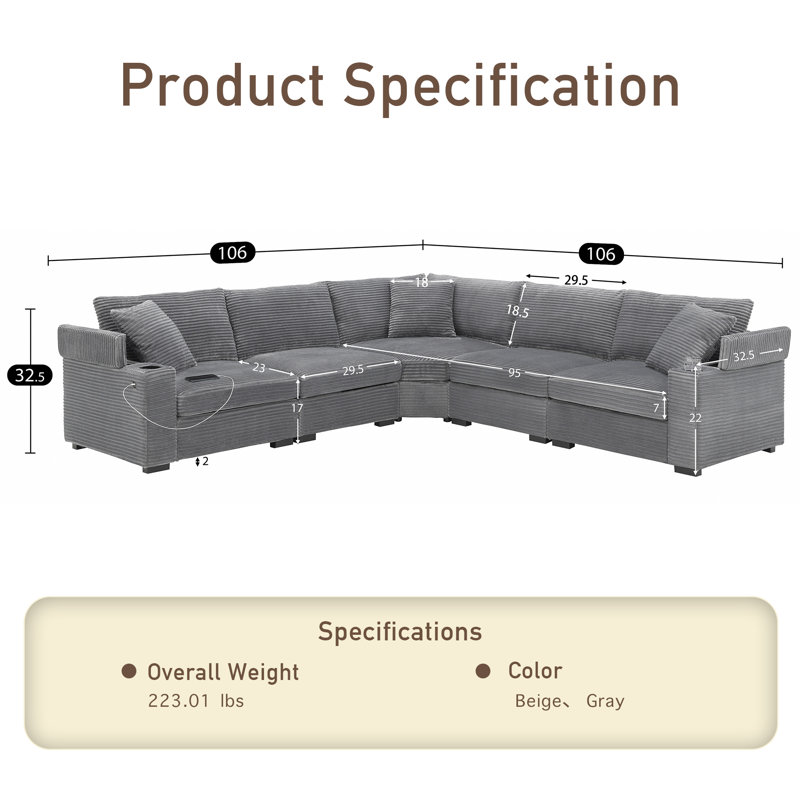 5 - Seater Upholstered Corduroy Fabric Sectional, Gray Corduroy