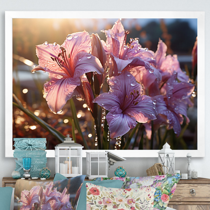 Iris rose champ I - décoration murale florale, Cadre simple blanc, H 30 po x l 40 po x P 1,5 po
