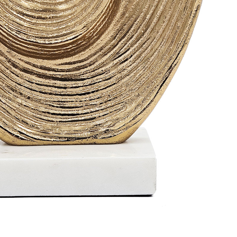 4" Abstract Gold Swirling Sculpture On White Marble Base, 17" H x 7.90" W x 4" D