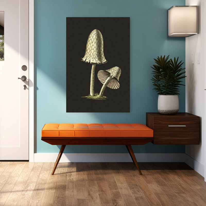 Affiche murale rétro vintage représentant un champignon comestible à chapeau d'encre sur fond noir., H 48 po x l 32 po