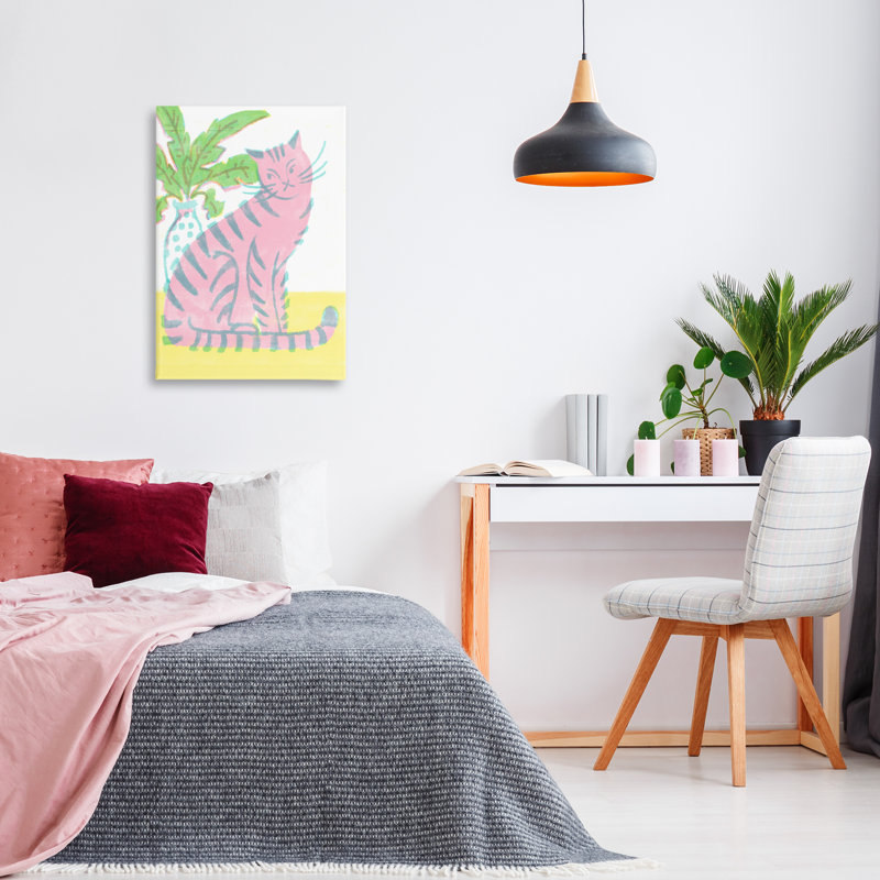 Toile moderne rose avec chat et plante, design par Hannah Moren, H 30 po x l 20 po