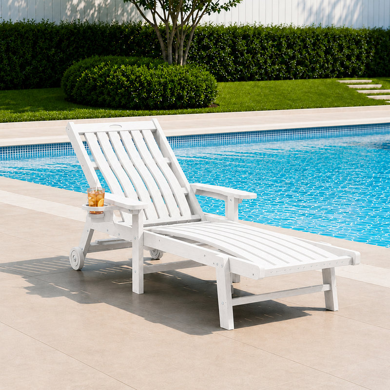 Dareona Outdoor HDPE Adjustable Reclining Chaise Lounge Chair With Wheels & Cup Holder, White