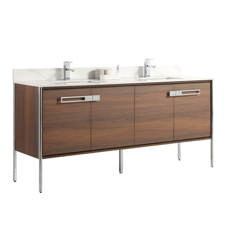 Meuble-lavabo double 72 po, Chrome poli, Noyer ébène