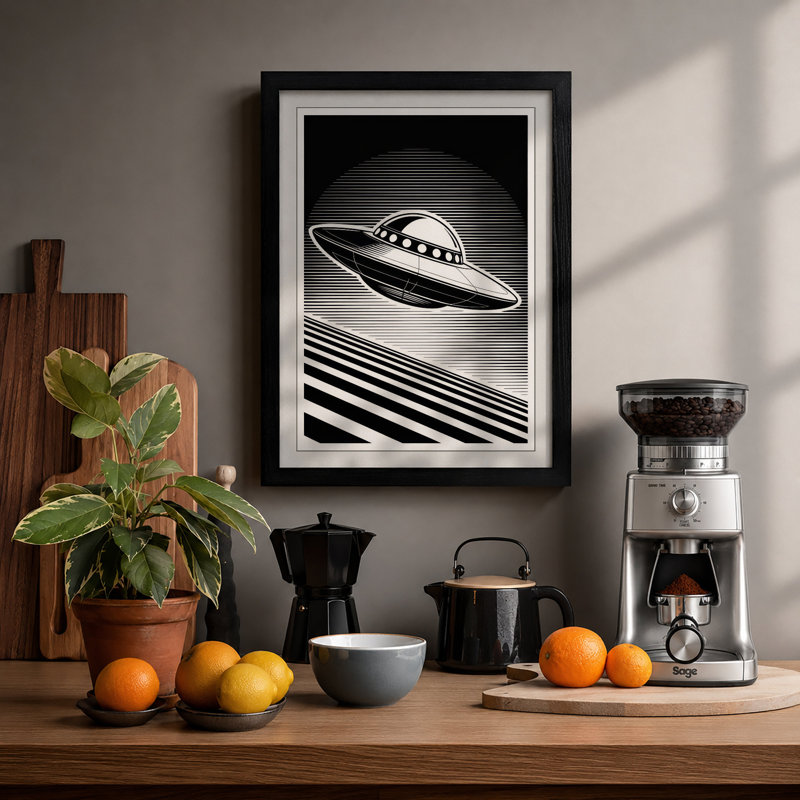 Saucer Retro - Framed Print, A2 - 59.4 x 42.0 cm, Black