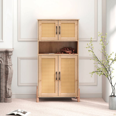4-Door Storage Cabinet With Woven Rattan Doors & Adjustable Shelves