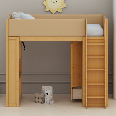 Lit mezzanine avec armoire intégrée, tiroirs, éclairage d'ambiance et barrières de sécurité pour des chambres bien organisées