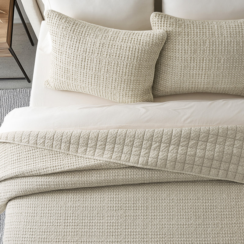 Stonewashed 100% Natural Cotton Waffle Quilt Set, Dark Flax, Queen Quilt + 2 Standard Shams