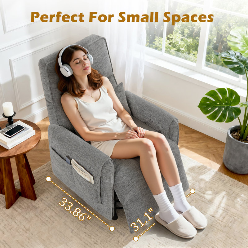 Recliner Chair, Small Recliners For Small Spaces, Electric Recliner Chairs For Adults With Memory Function, Reclining Chair With Pillow And Side Pockets