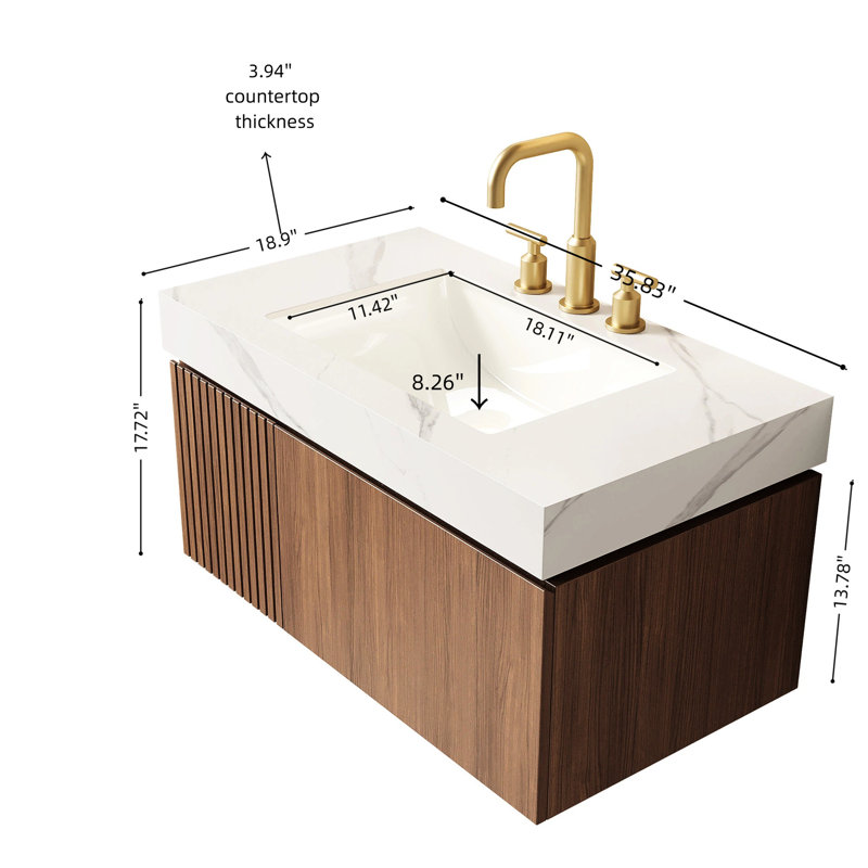 Meuble-lavabo de 36 po, lavabo en céramique avec 3 trous de robinet pré-percés, tiroir et porte d'armoire de rangement en contreplaqué flottant, plateau en pierre frittée blanche, chêne brun, meuble-lavabo assemblé