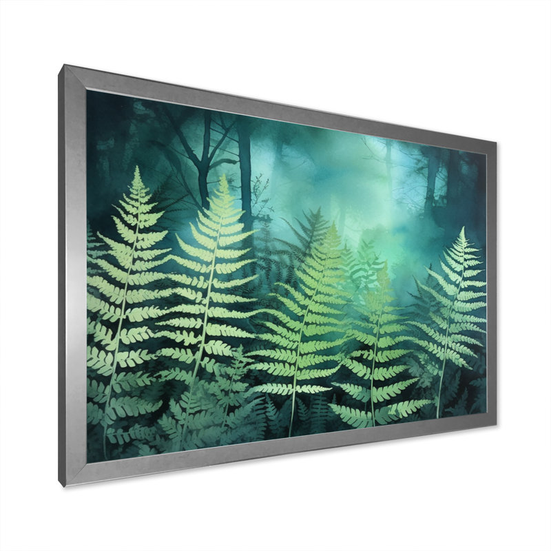 «Green Teal Fern Flowers», impression sur toile, H 16 po x l 32 po x P 1 po, Cadre photo argenté