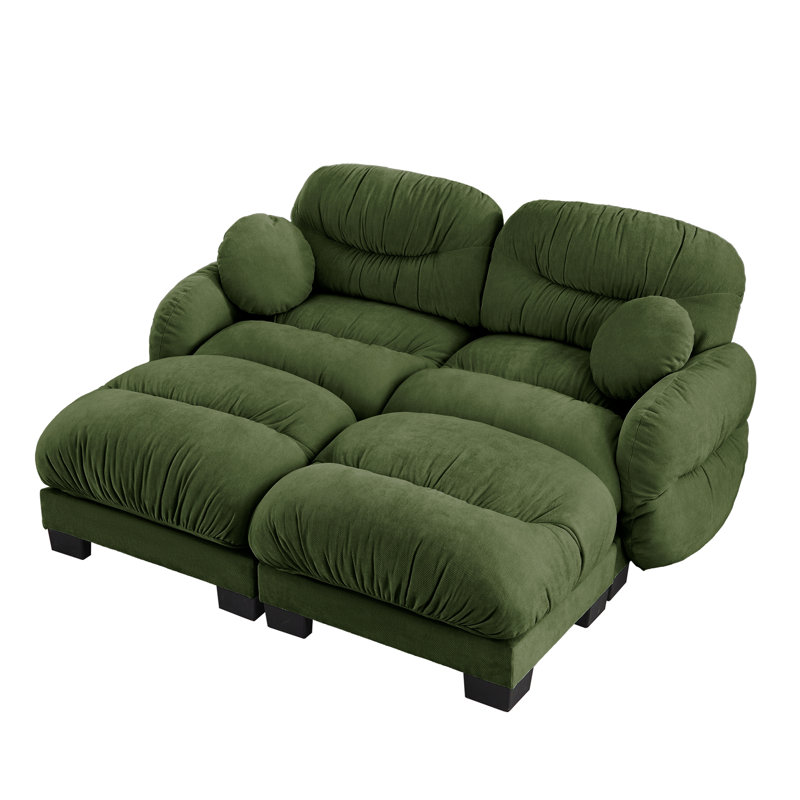 Canapé pliable modulaire en L en chenille 2 places avec mousse ergonomique, accoudoirs courbés, deux repose-pieds et coussins décoratifs ronds.