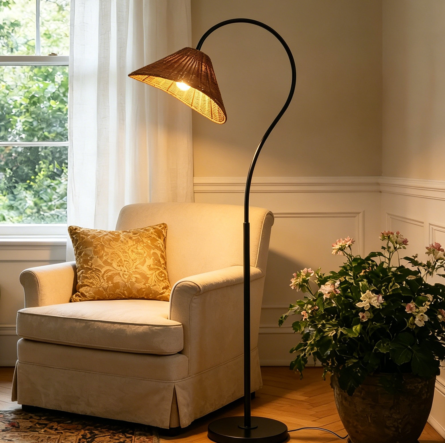 66" Dimmable Rattan Floor Lamp, Black