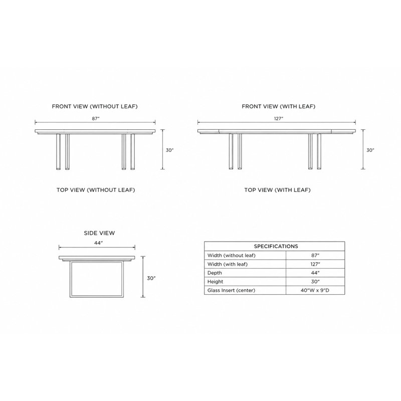 Table de salle à manger extensible en noyer laqué Galway avec insert en verre et base en acier inoxydable poli