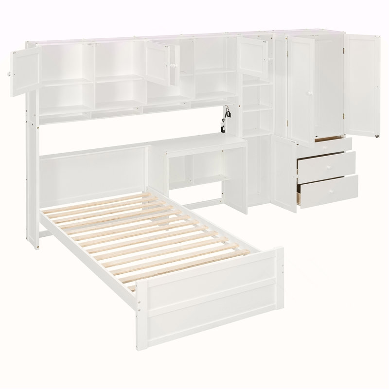 Lit plateforme simple en bois avec bureau, armoire, armoires, tiroirs et tablettes, blanc