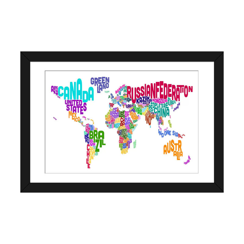 « typographie text world map vi » par michael thompsett, impression sur toile tendue, H 24 po x l 32 po x P 1 po, Blanc