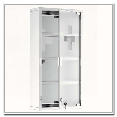 Wall Mounted Medicine Cabinet Locking with 4 Tier Shelves Stainless Steel Frame and Glass Door