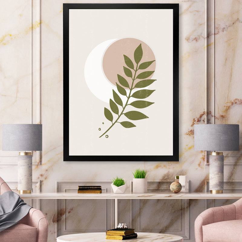 Lune géométrique abstraite avec feuille IV - impression sur toile, H 20 po x l 12 po x P 1,5 po, Toile avec cadre noir