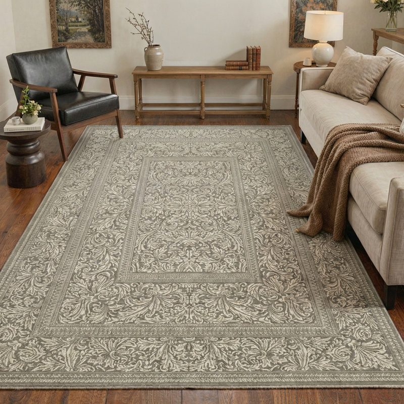 Vintage Damask Scrolls Machine Washable Sand Beige Indoor Area Rug With Non-Slip Backing, Rectangle 5' x 7'