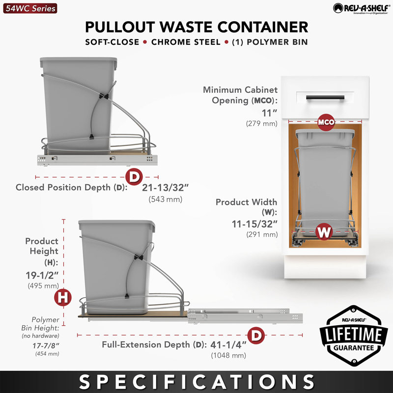 Gray Plastic Single Pull-Out Trash Container with Soft-Close Slides