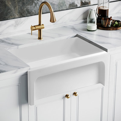 Whitehaus 30” Reversible Single Bowl Fireclay Kitchen Sink: 2-1/2" Lip, Beveled Front Apron