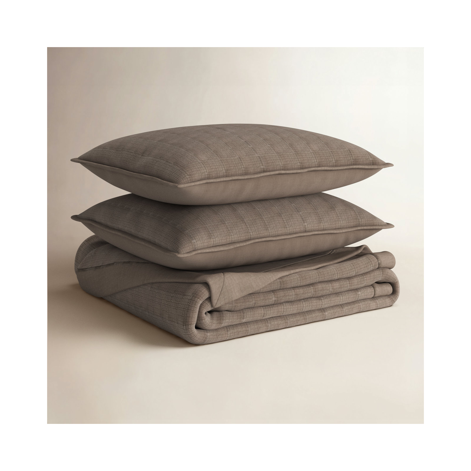Stonewashed Crinkle Cotton Box Stitch Quilt Set, Mocha Brown, Queen Quilt + 2 Queen Shams