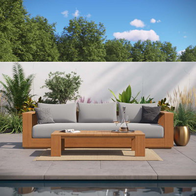Tahoe Outdoor Patio Acacia Wood 2-Piece Sofa And Coffee Table Set In Natural Light Gray