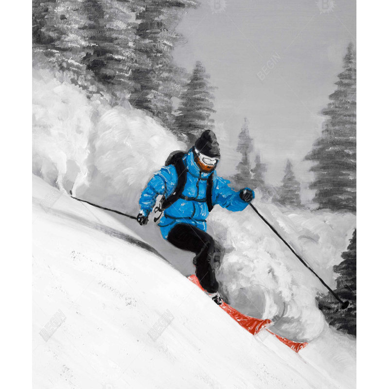 Man Skiing in Mountain - Illustrative White Framed Canvas