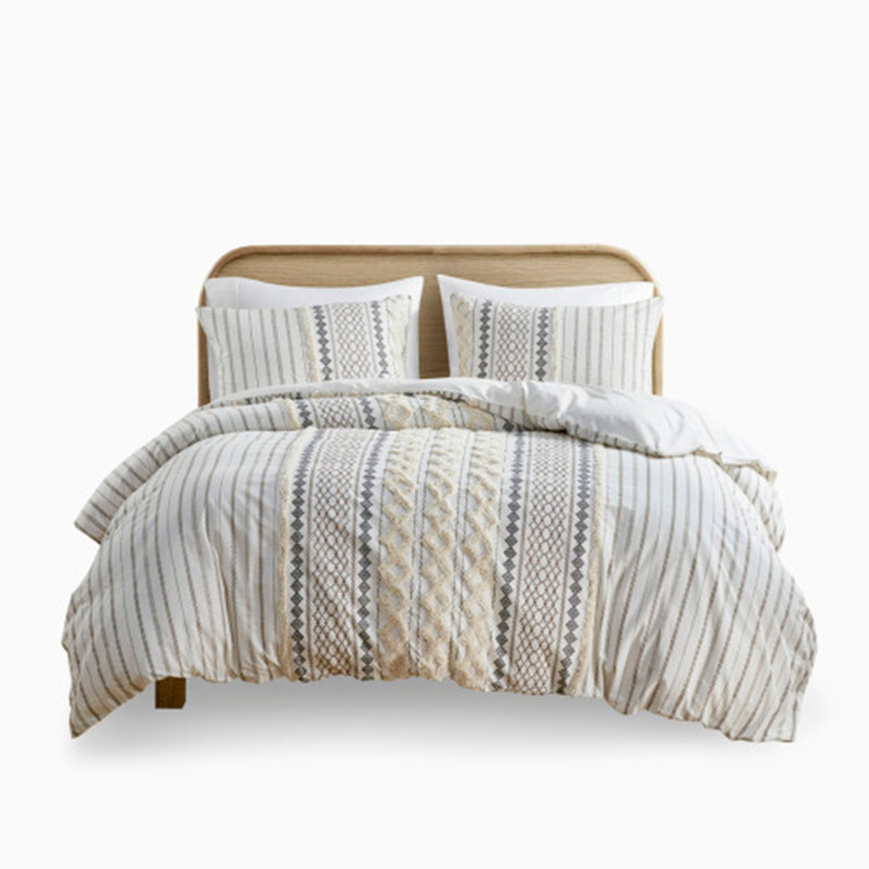 Cotton Printed Duvet Cover Set With Chenille, King/California King, Beige