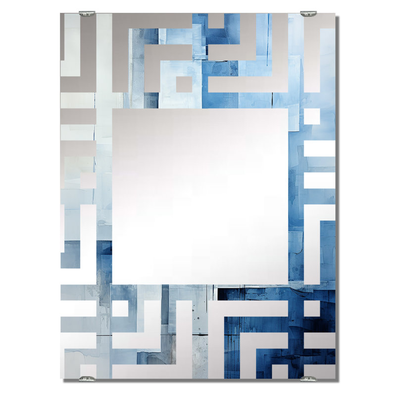 White and blue Nautical Geometry collage - Coastal Minimalism Wall Mirror, 32" x 24"