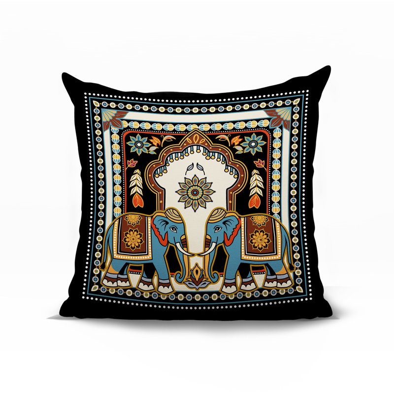Coussin intérieur / extérieur Rikita Elephant, Noir / brun / bleu / orange, Carré 19 po