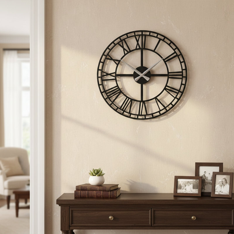Large Black Metal Skeleton Round Wall Clock