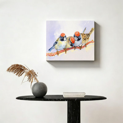 Red-capped Birds on Branch, 16 x 20 inch, Built-in Wooden Frame Wall Art
