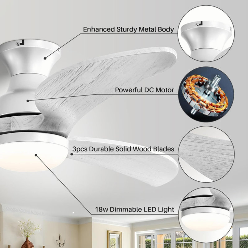 Ventilateur de plafond moderne de 52 pouces avec moteur à courant continu réversible à télécommande à 3 pales en bois massif à intensité variable