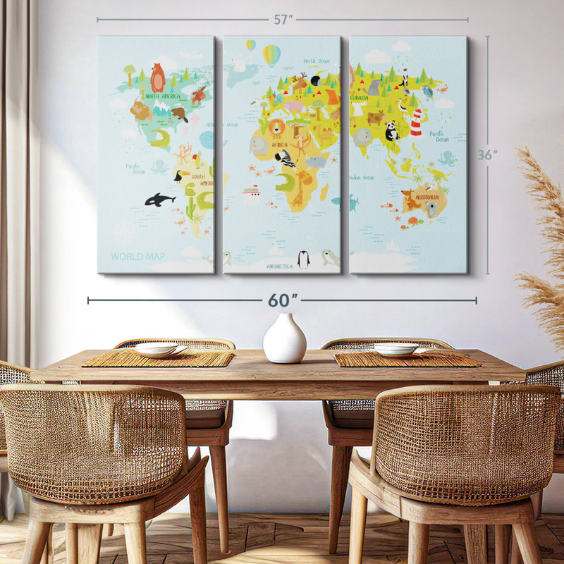 "Carte du monde des animaux" sur toile, H 36 po x l 57 po x P 1,25 po