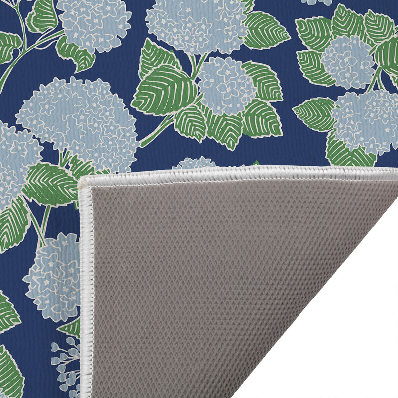 Hydrangea Non-Skid Bath Mat, Single - 24" L x 17" W, Navy Floral