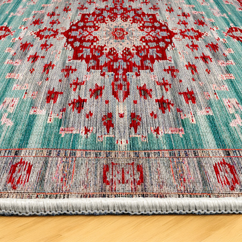 Motto Blue Red Oriental Machine Printed Cotton Polyester Area Rug, Runner 3'4" x 8'3"