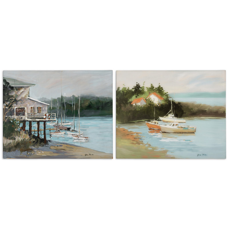 «Boat Lakeshore Landscape», ensemble de 2 toiles murales par Jane Slivka, H 16 po x l 20 po