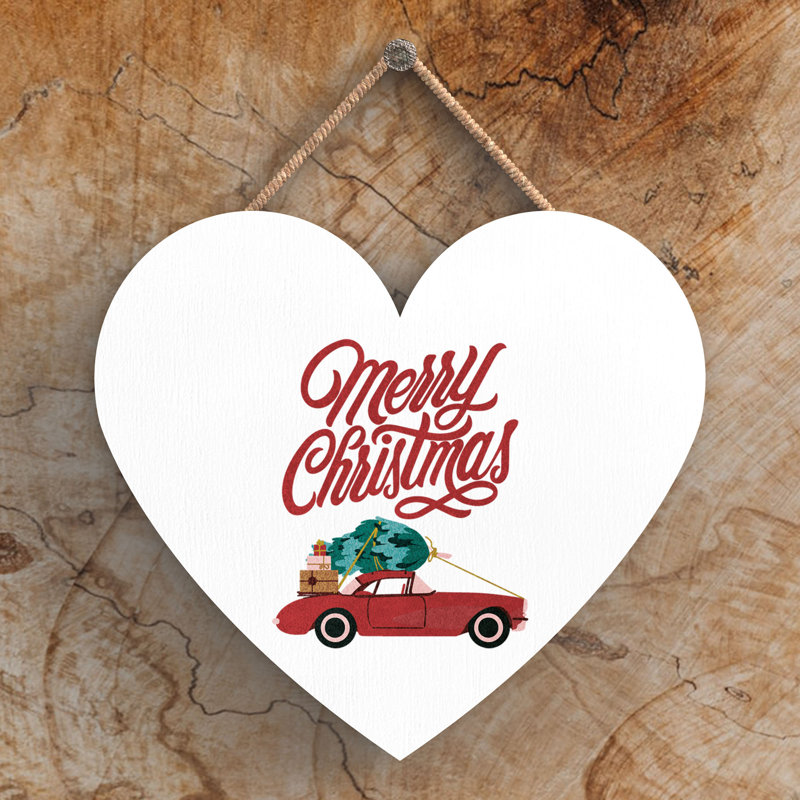 Xmas Merry Christmas Car Wooden Heart Plaque, 10cm H x 9cm W x 0.5cm D