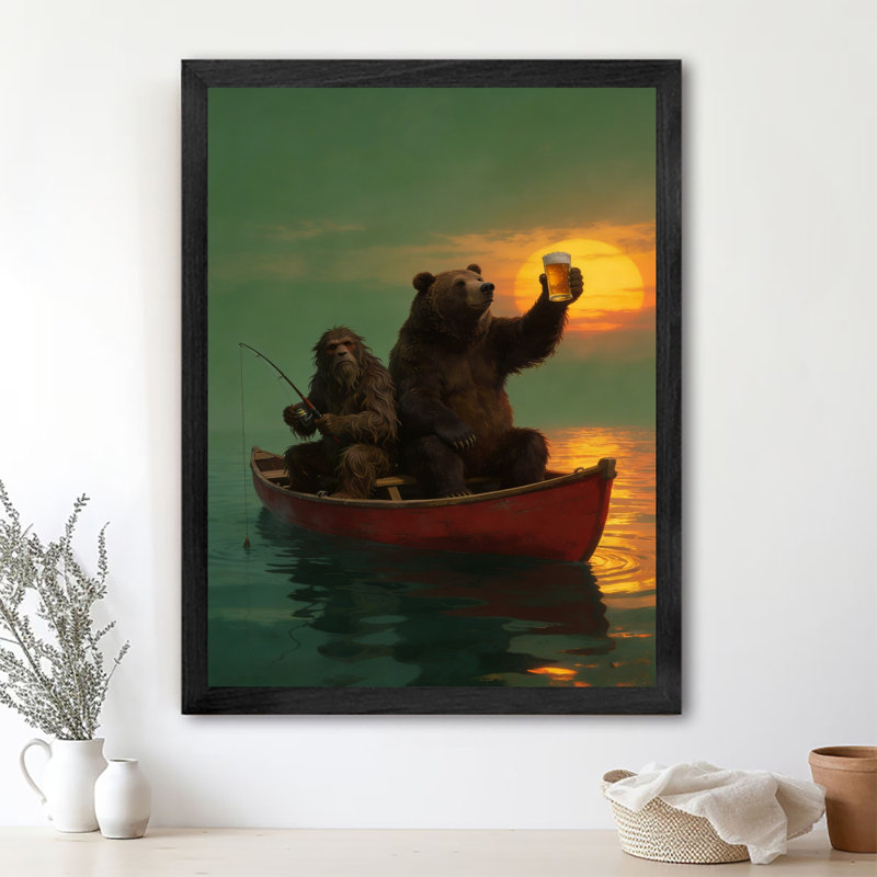 Art encadré noir Bigfoot et grizzly pêchant dans un canot rouge, H 25 po x l 17 po